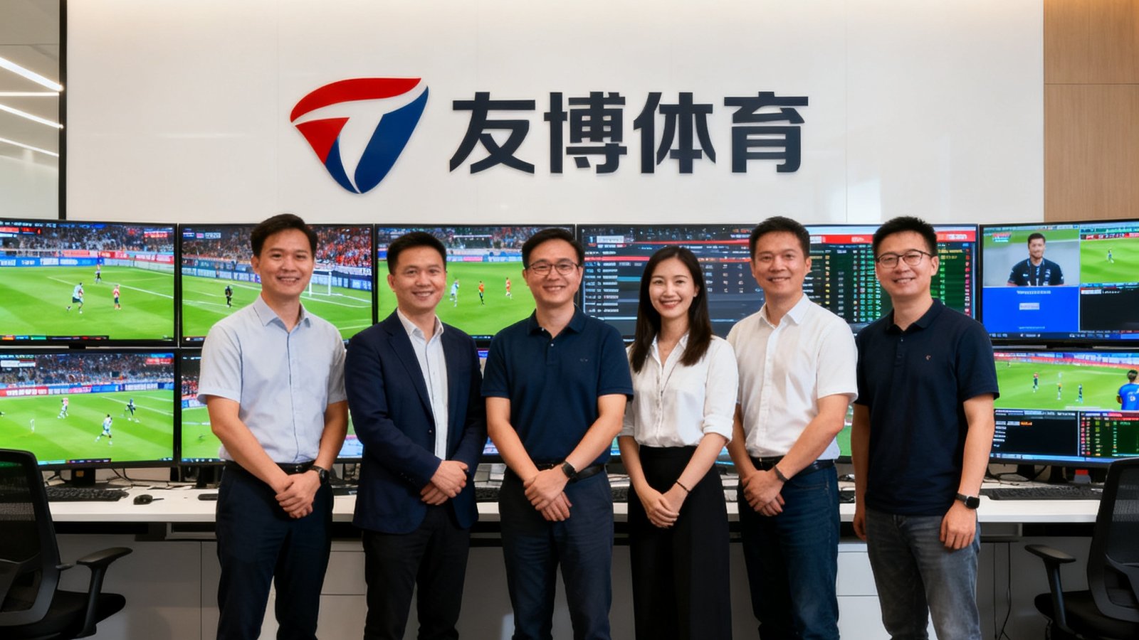 友博体育核心创始团队六人在深圳总部办公室的合影，背景为公司Logo墙和多个显示赛事直播画面的屏幕阵列，团队成员面带微笑展现专业自信的精神面貌，办公环境现代简约