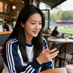 一位28岁左右的年轻中国女性用户头像，长发披肩，穿着运动卫衣，手持手机正在观看赛事，背景为咖啡馆户外座位区